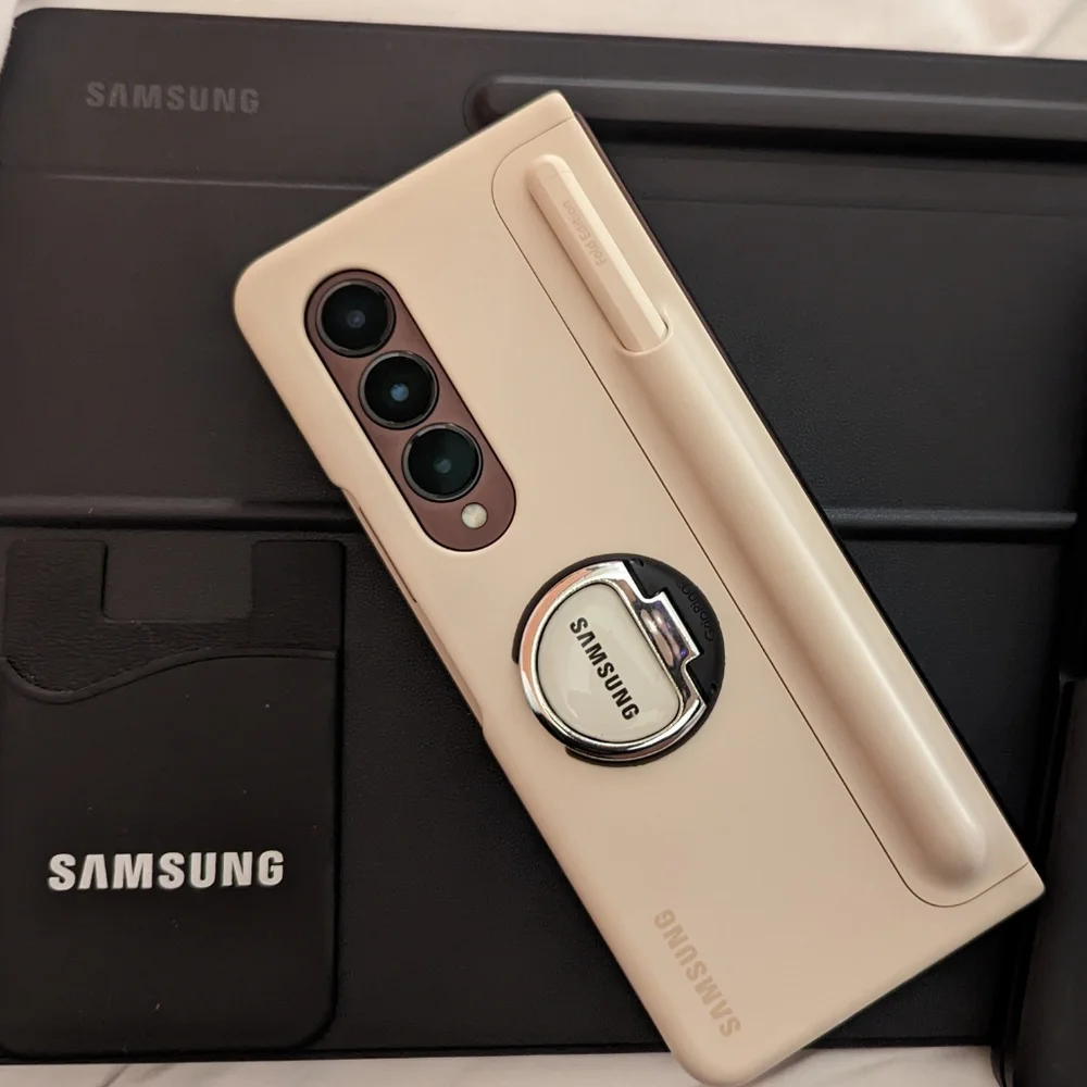 Samsung Z Fold 4 S Pen Cream Case with Ring Holder for Smartphones